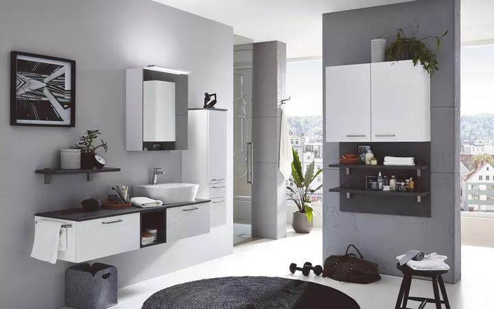 Nobilia Single Retailer elements bathroom design 01 Compusoft Concrete Slate grey left-hand orientation 0